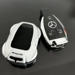 1x für MERCEDES Funkschlüssel Schutz Hülle in ALU Case Cover Sportwagen silber matt STABIL